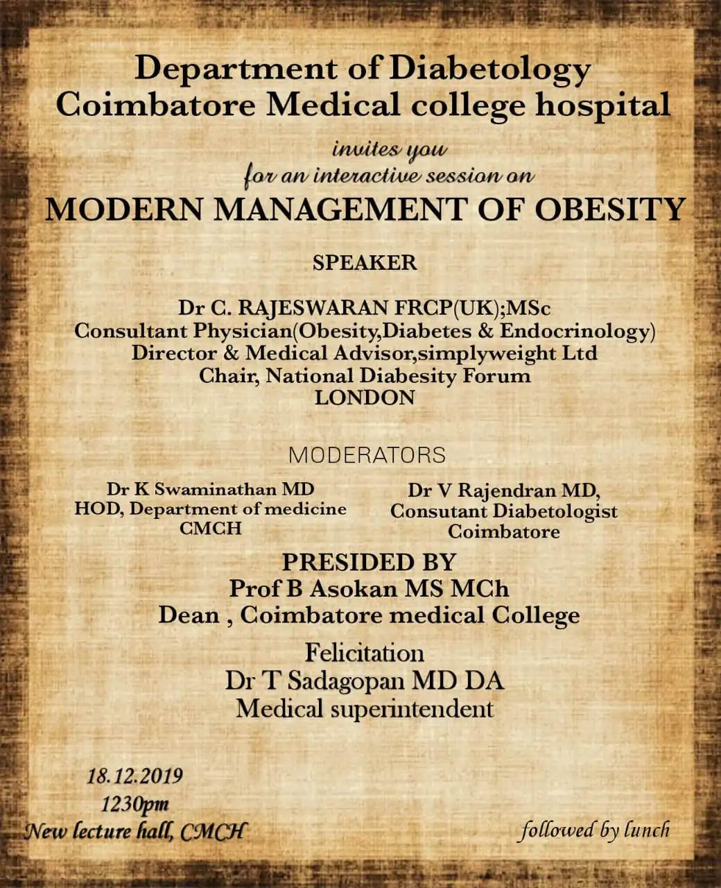 Invitation to Dr Rajeswaran's session at Coimbatore Medical College Hospital
