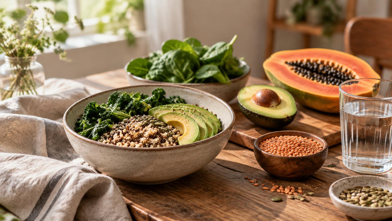 A balanced meal of wholegrains, leafy greens, avocado and lentils on a wooden table in natural light