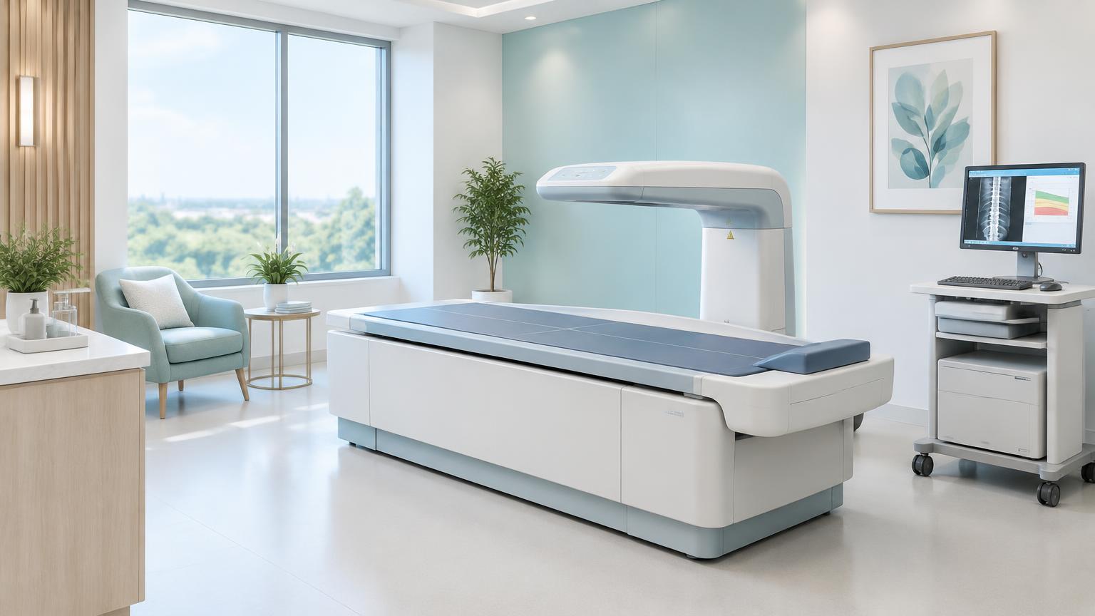 A calm, bright clinic room with a bone density scanner
