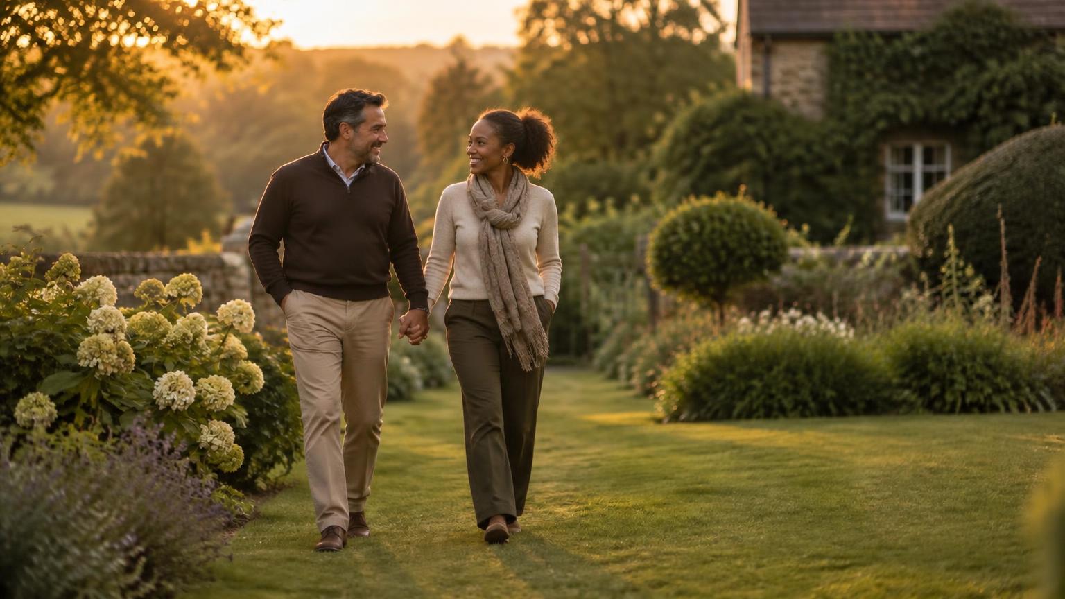 A couple walking hand in hand through a garden at golden hour