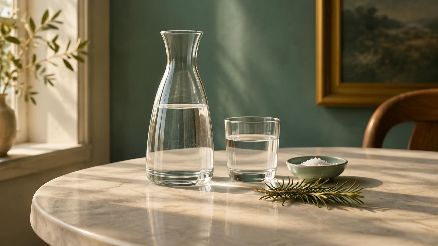A glass carafe and glass of water beside a small dish of salt