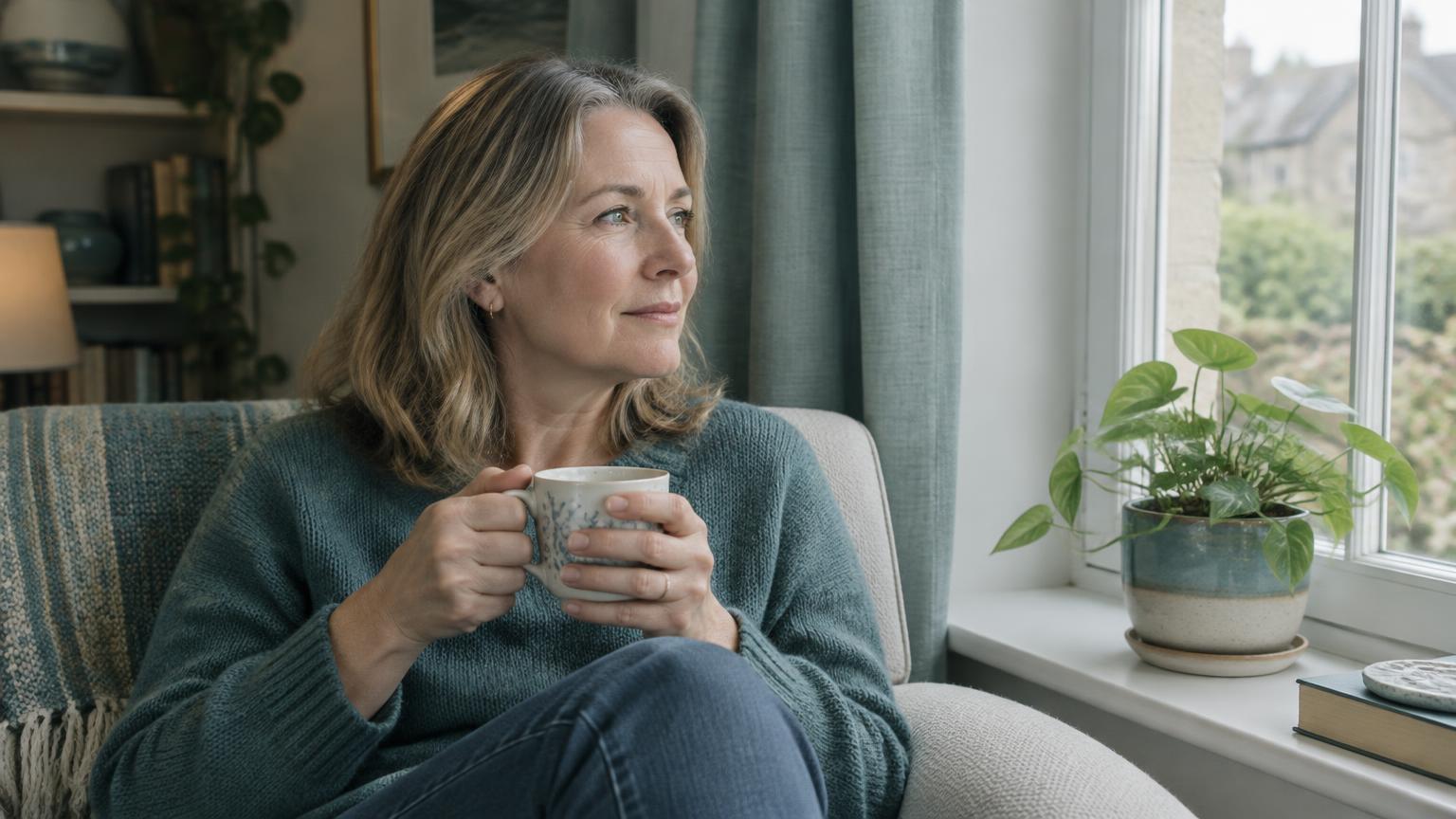 A woman sitting by a window at home holding a cup of tea